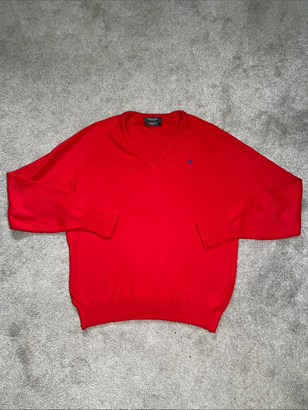 Vintage Christian Dior Monsieur 100% Orlon Acrylic USA Made Red VNeck Sweater XL